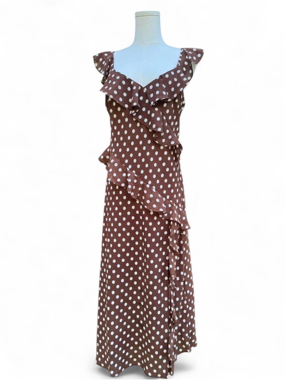 Chelsea28 Brown Polka Dot Ruffle Midi Dress | Romantic Coquette Wedding Guest